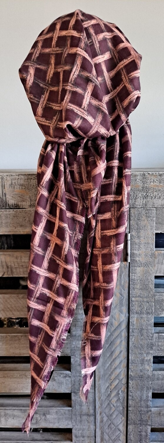 Wine criss-cross soft fringed pretied Turkish Tichel w/band sewn in