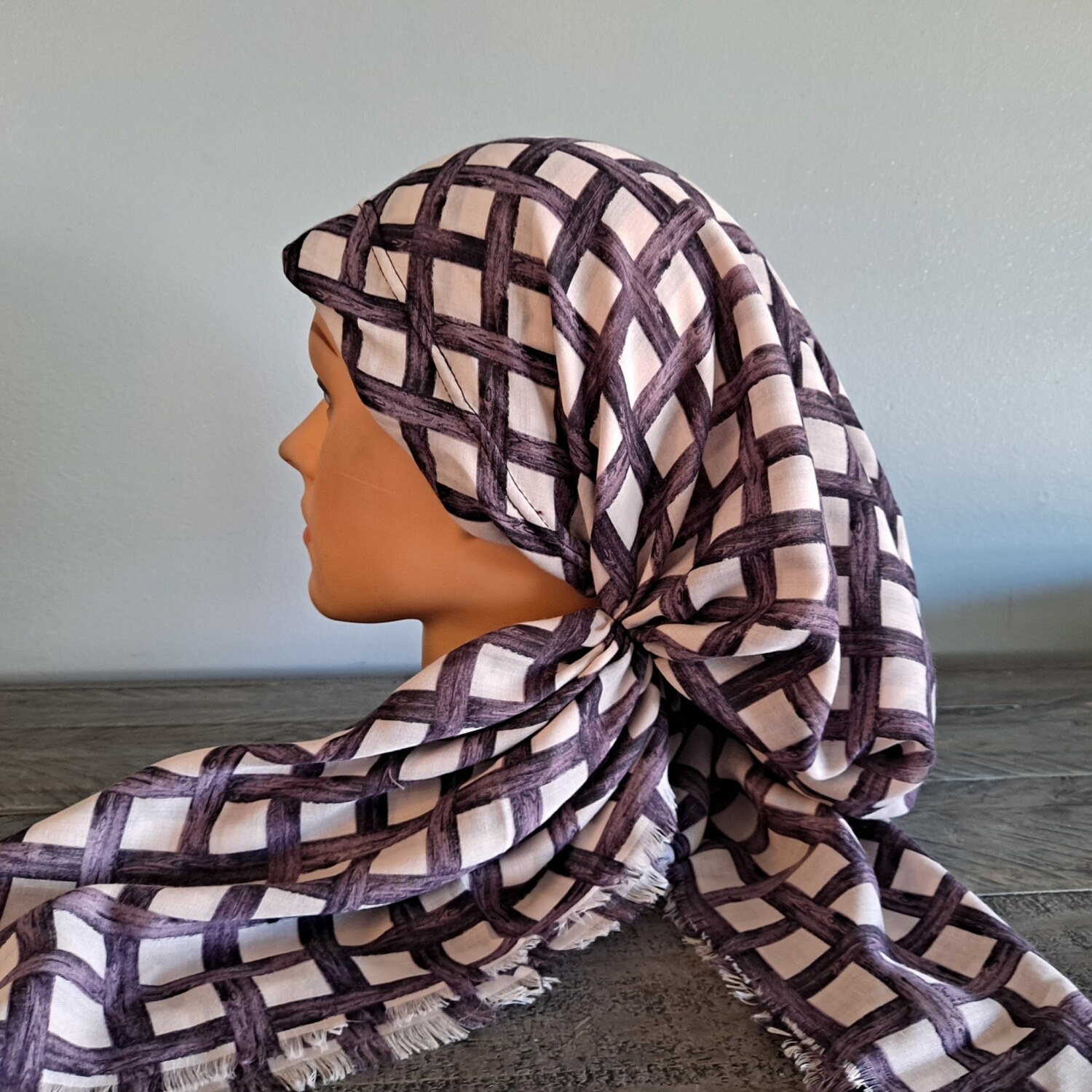 Off white/purple criss-cross soft fringed pretied Turkish Tichel w/band sewn in