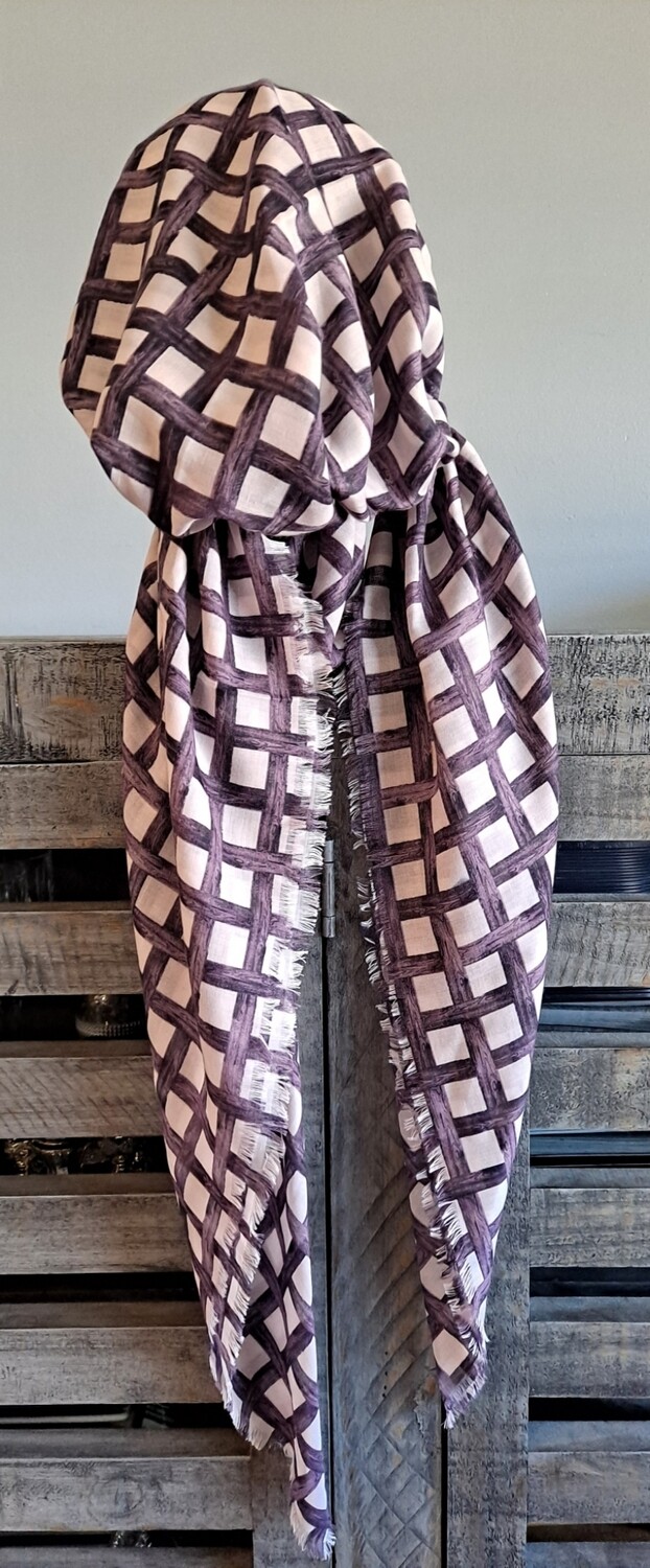 Off white/purple criss-cross soft fringed pretied Turkish Tichel w/band sewn in