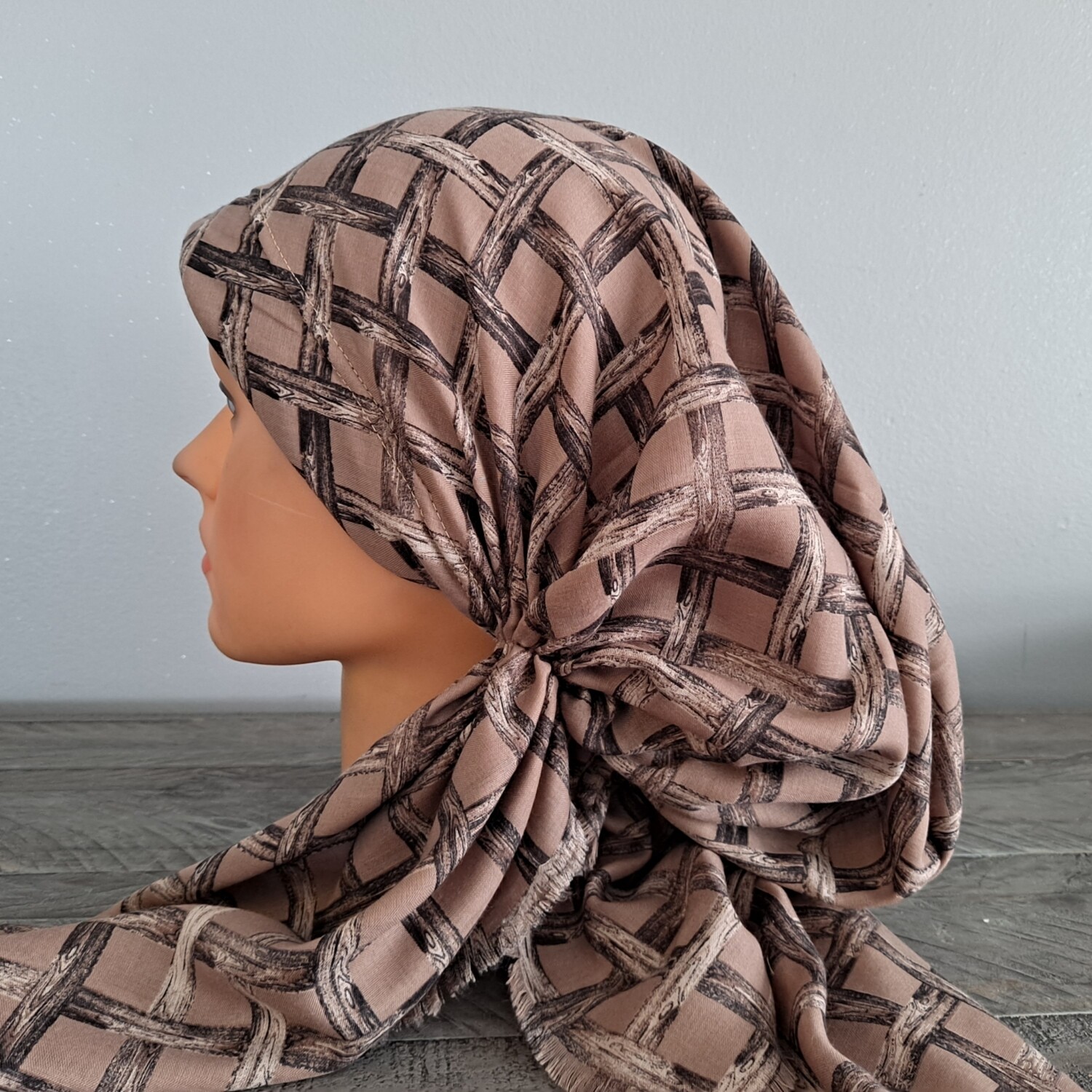Light brown criss cross pretied Turkish Tichel w/band sewn in -  soft fringed edges