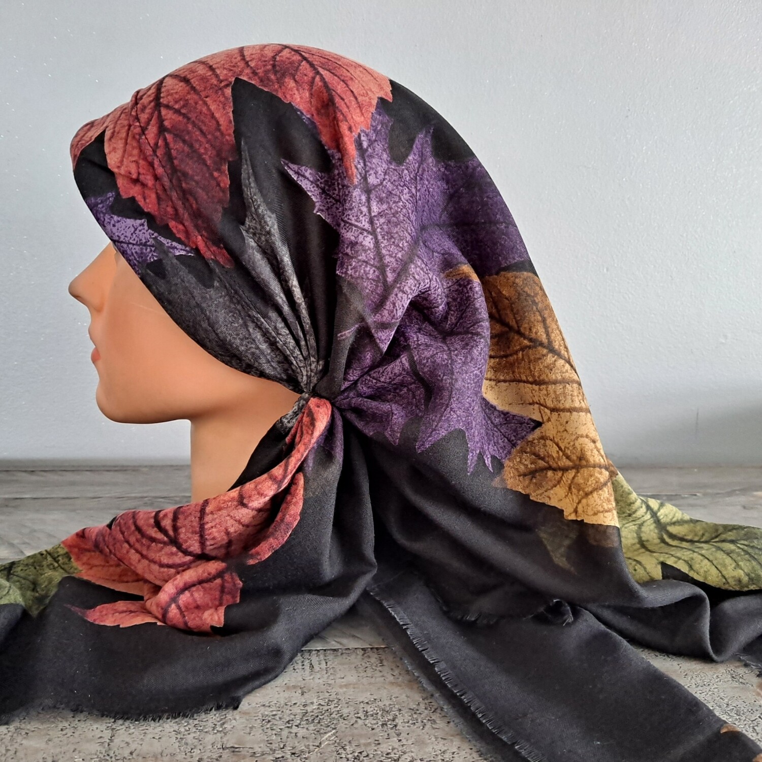 Black soft fringed - long back pre-tied kerchief w/band sewn in
