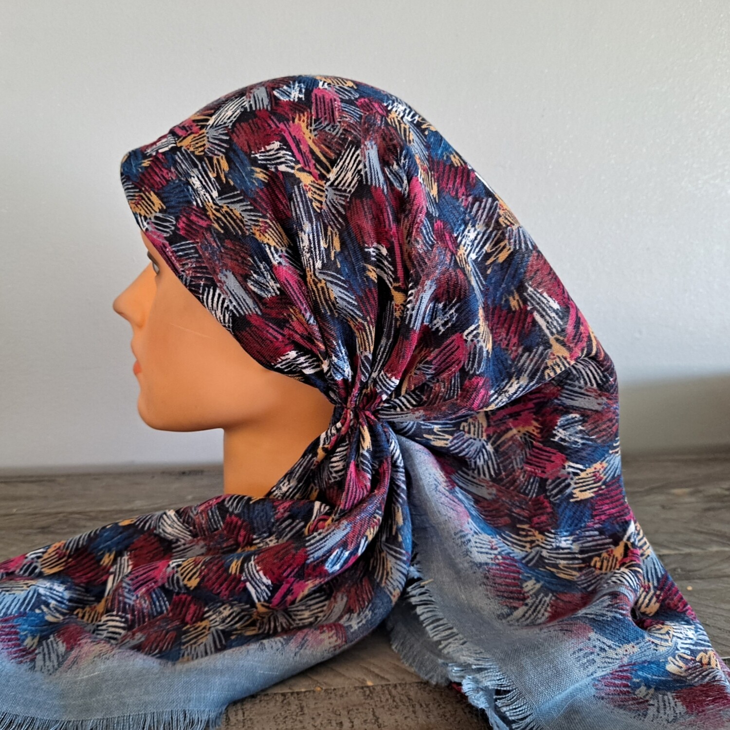 Gray/colorful soft fringed - long back pre-tied kerchief w/band sewn in