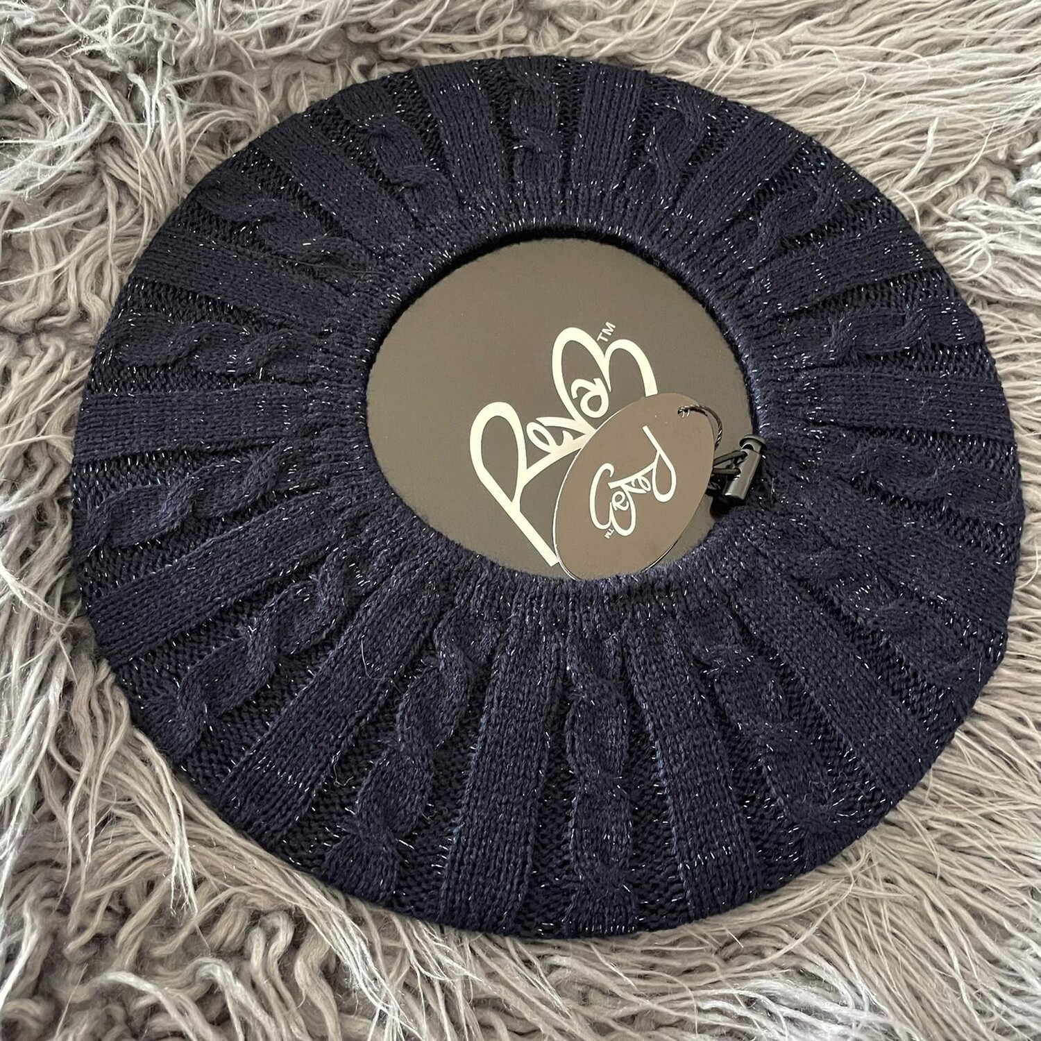 Navy w/silver sparkle  cable beret/snood