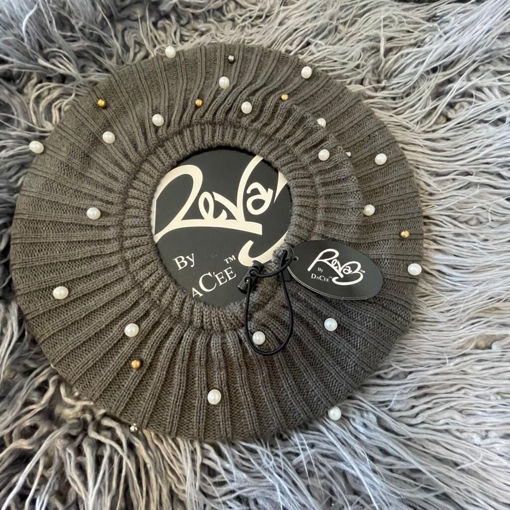 Gray - white pearled lined snood/beret