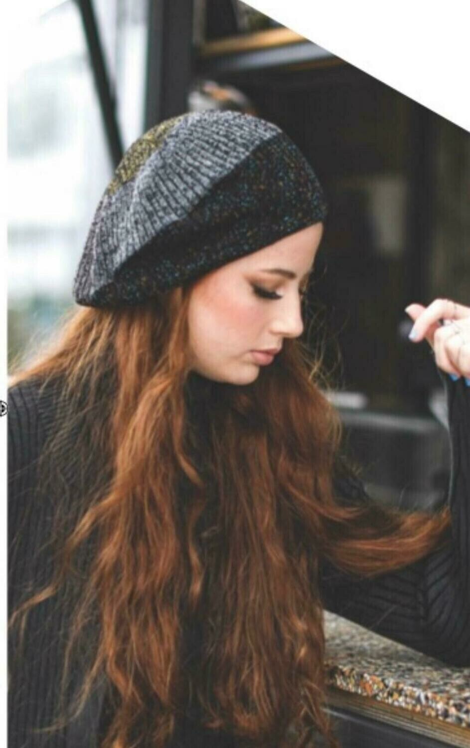 Color-block lined beret/snood - black/tan/gold