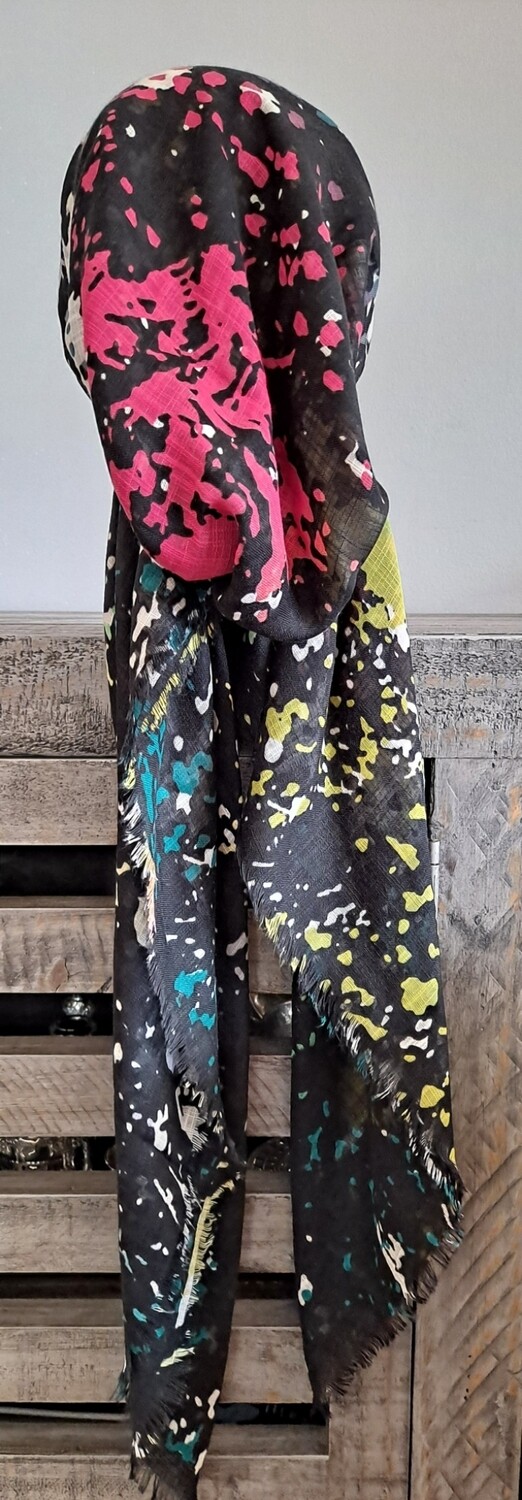 Black/yellow and more splattered  - soft fringes pretied tichel w/band sewn in (BBS)
