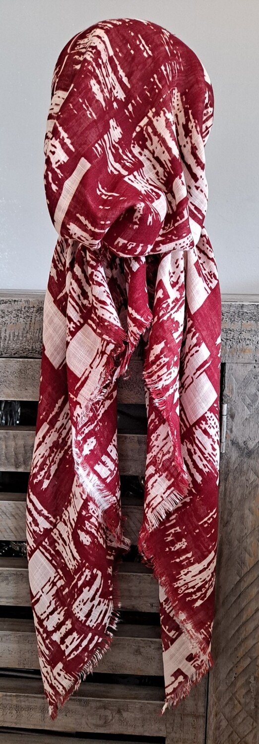 Deep Red/white patterned soft fringes pretied tichel