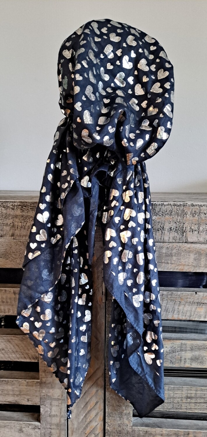 Navy - solid silver metallic hearts pretied tichel