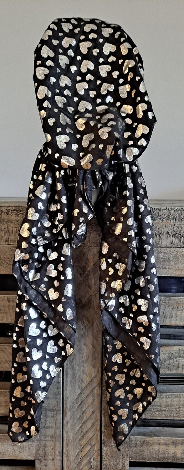 Black - solid silver metallic hearts pretied tichel
