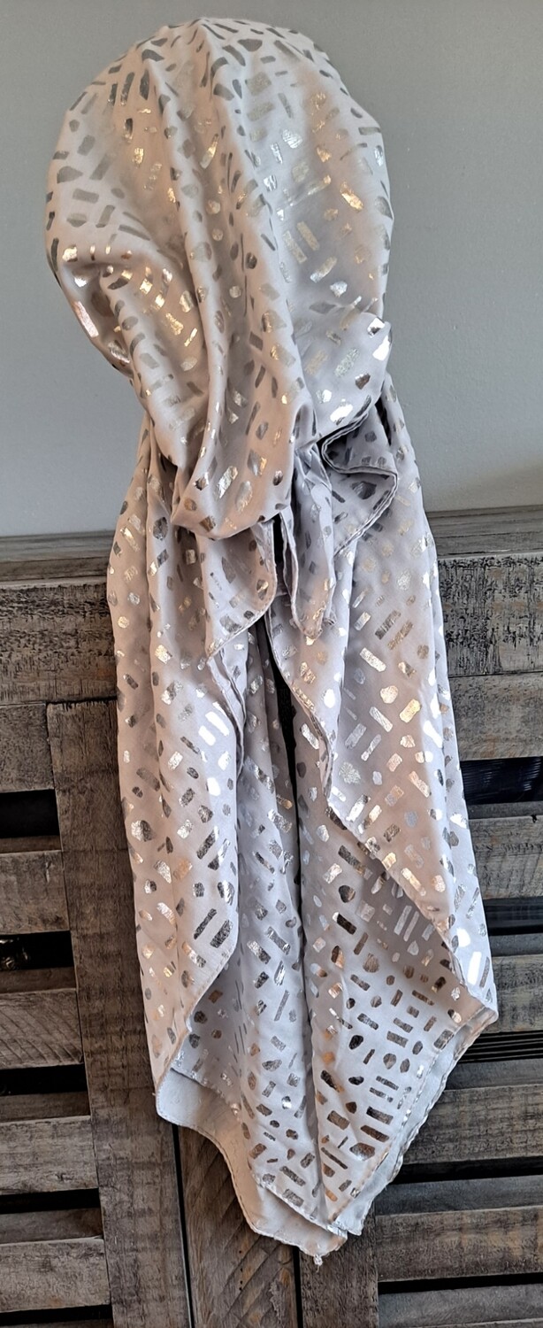 Light silvery gray/silver shapes metallic patterned pretied tichels