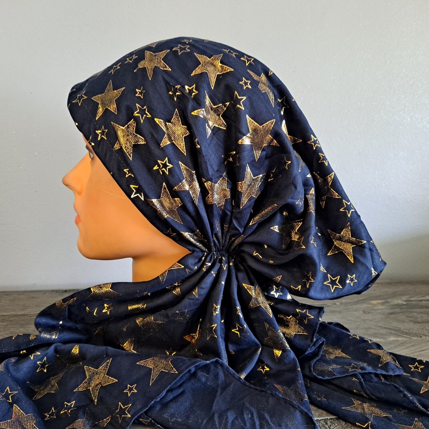 Navy - gold stars pretied tichel