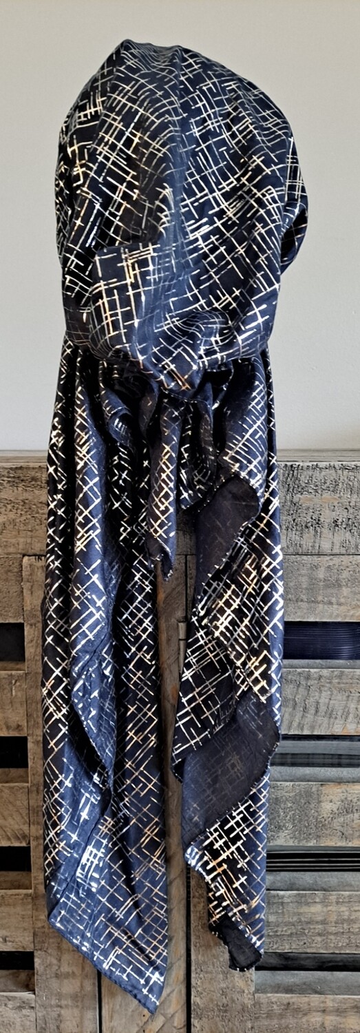 Navy - silver lines patterned pretied tichel w/band sewn in (BBS)