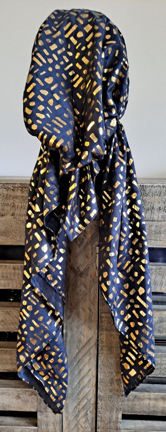 Navy/gold shapes metallic patterned pretied tichel