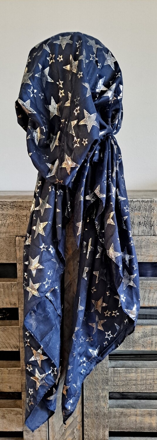 Navy - silver stars pretied tichel