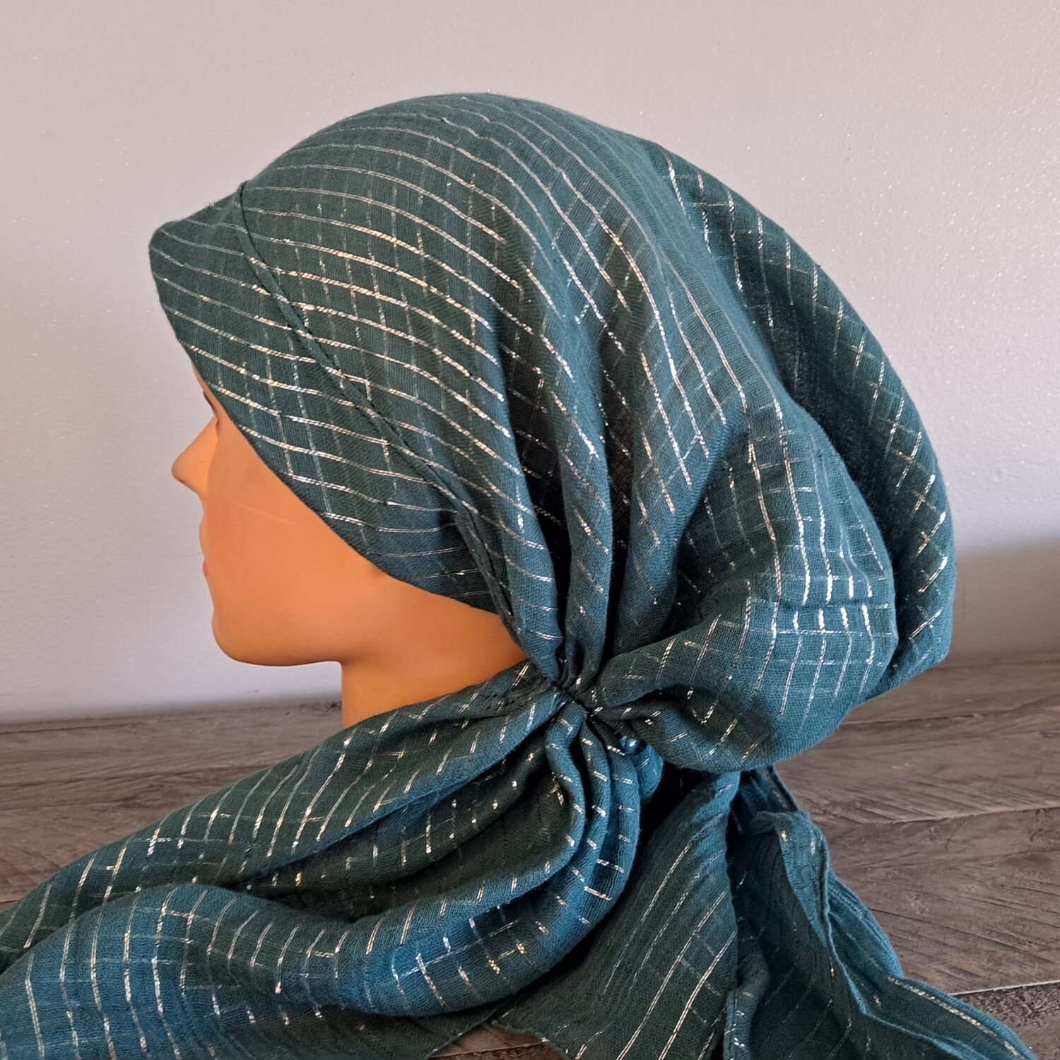 Teal green lurex pre tied tichel