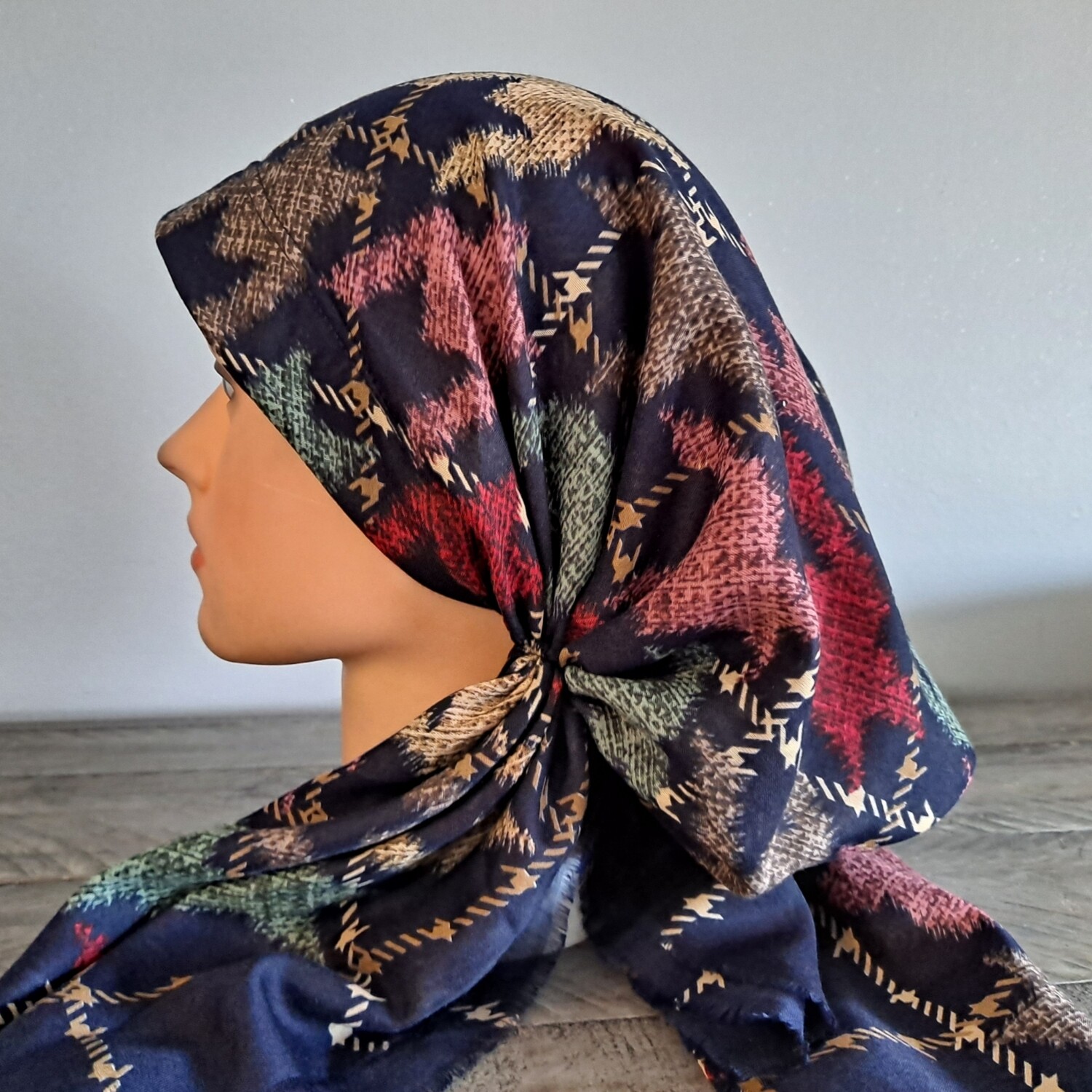 Navy soft fringed pretied Turkish Tichel w/band sewn in
