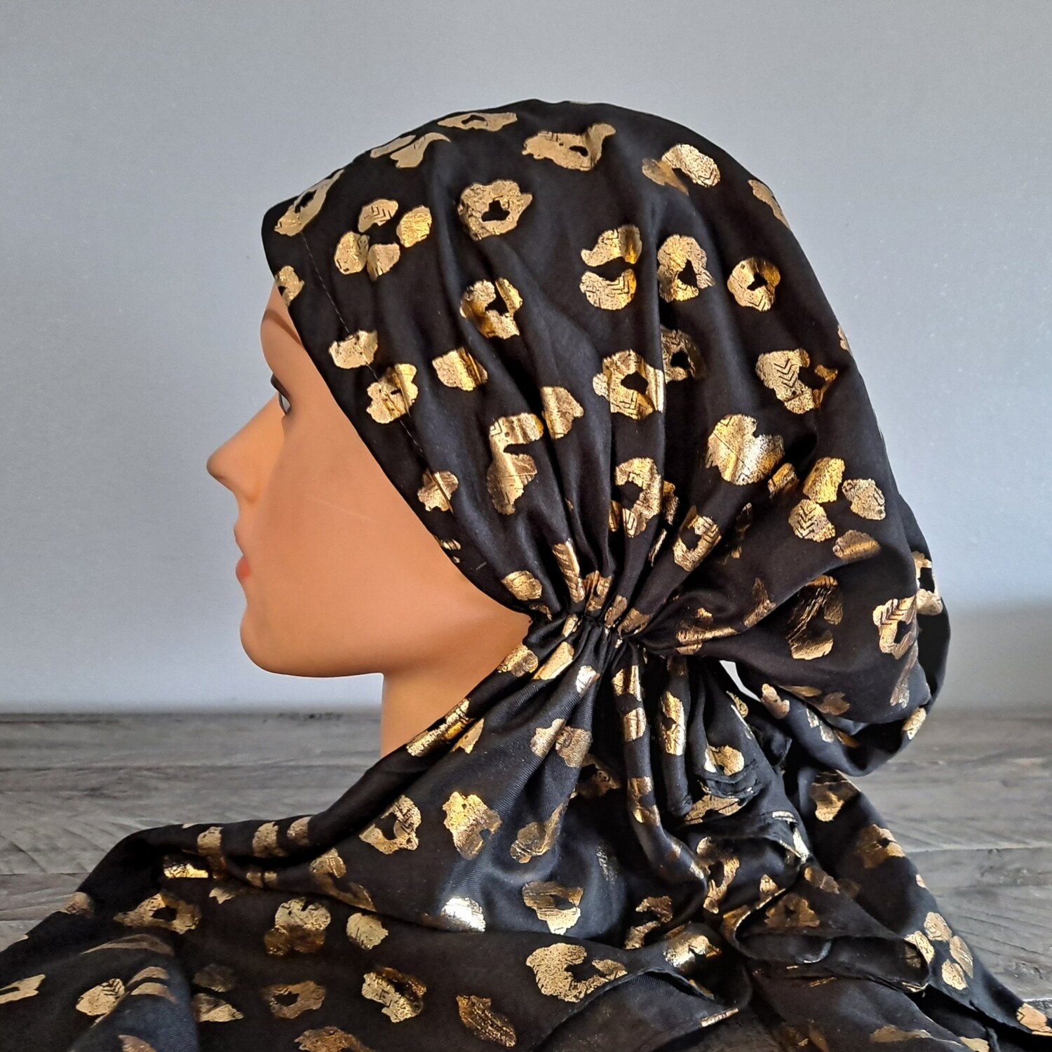 Black/gold - leopard print pre-tied tichel w/band sewn in (BBS)
