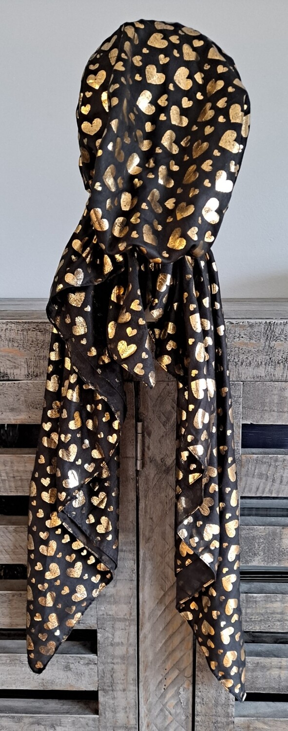 Black - solid gold metallic hearts pretied tichel
