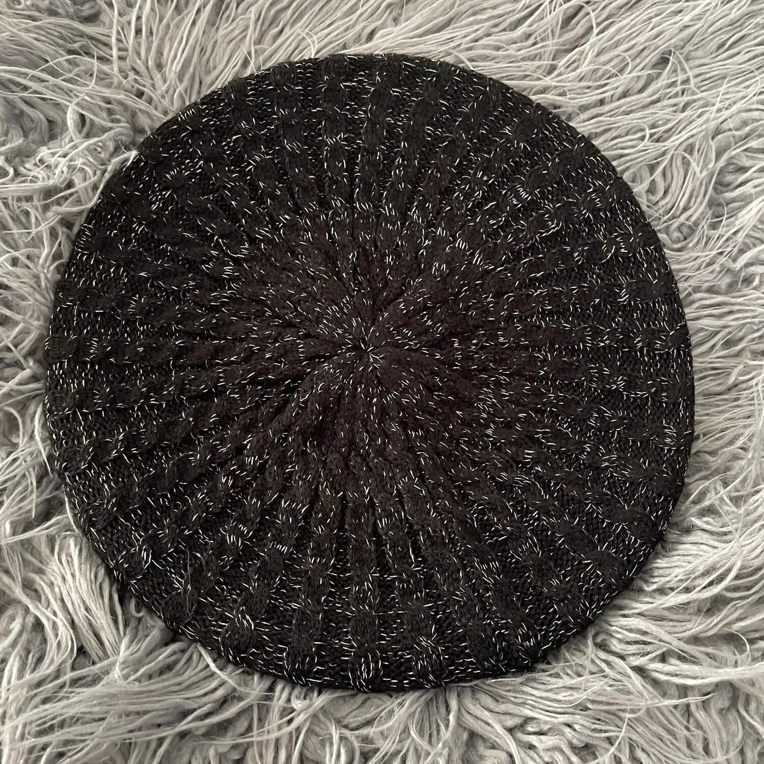 Black w/silver threads cable snood/beret