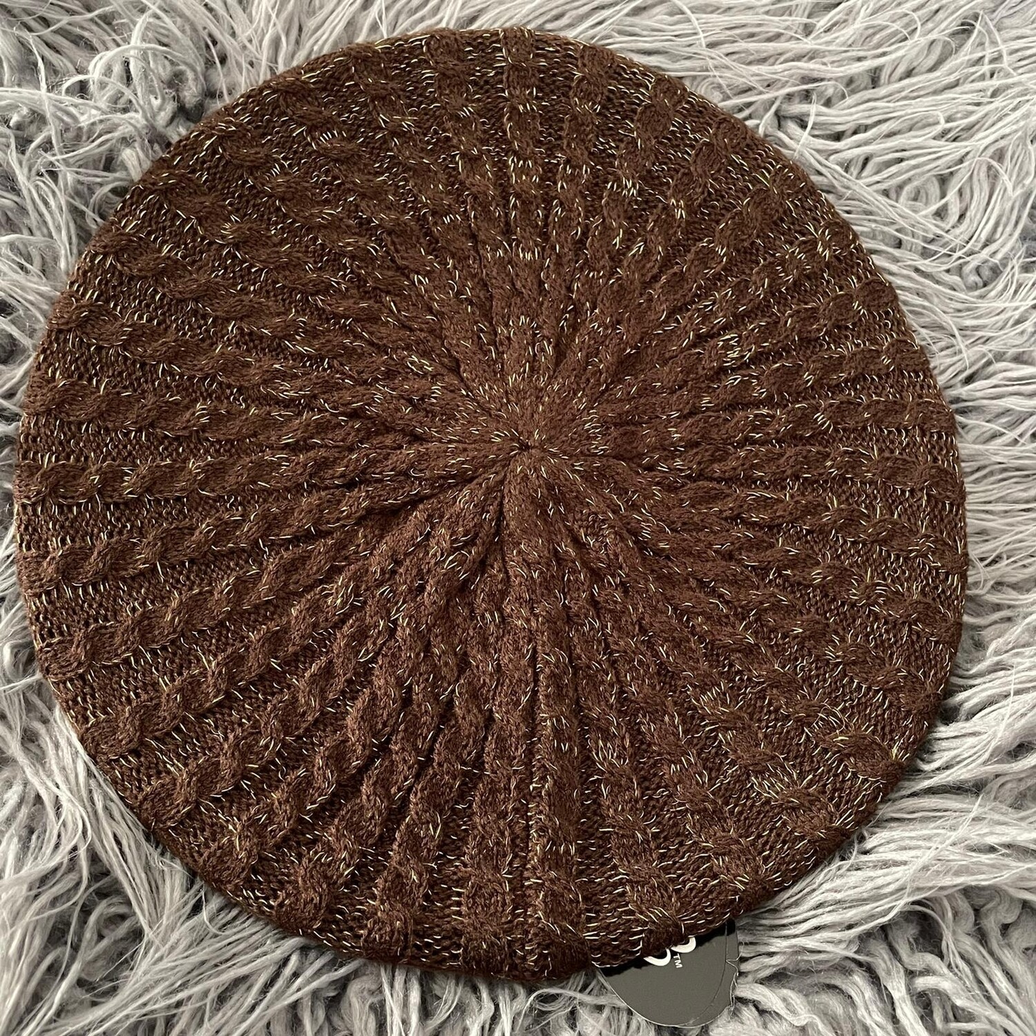 Brown w/gold threads cable snood/beret