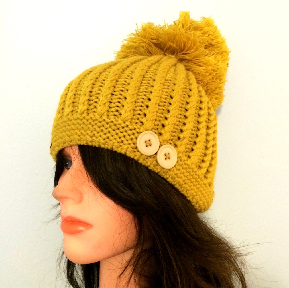 Mustard beret with extra large pom pom