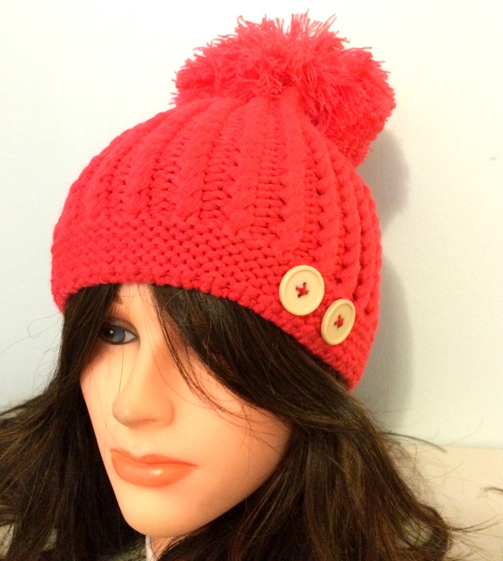 Watermelon pink beret with extra large pom pom