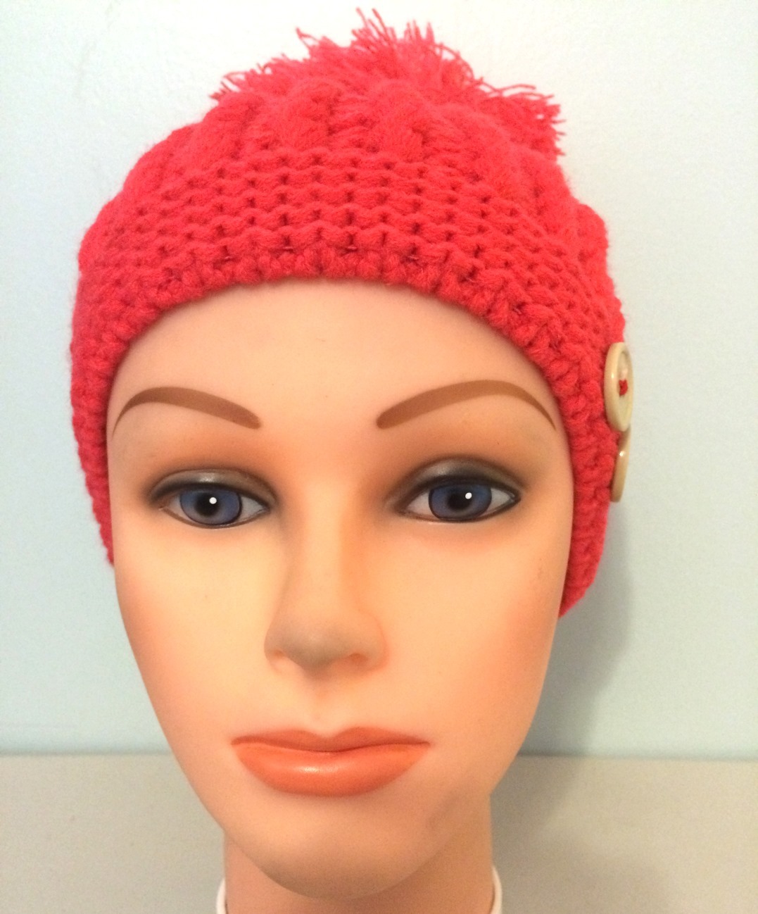 Watermelon pink beret with extra large pom pom