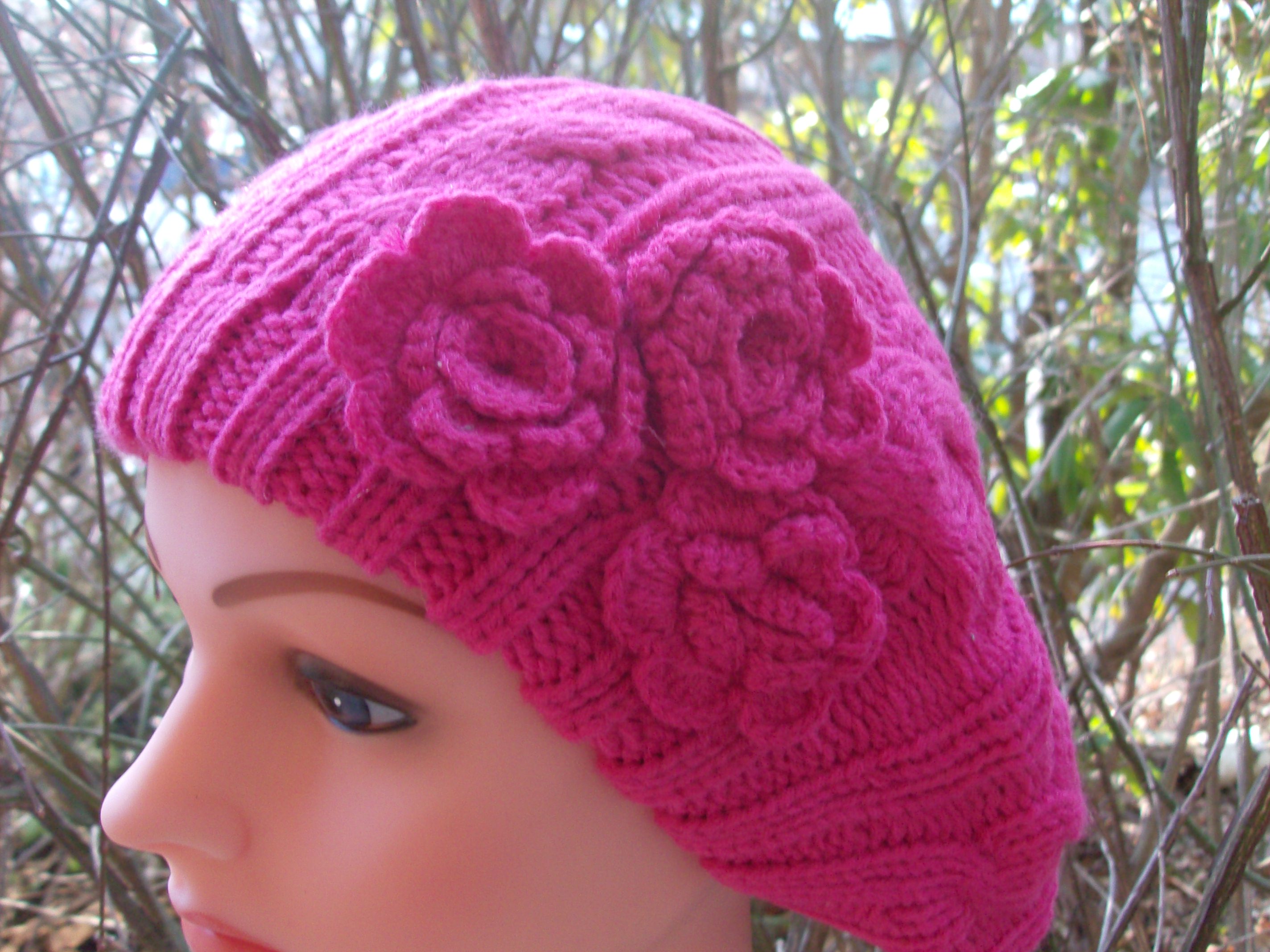 Triple side flower beret pink