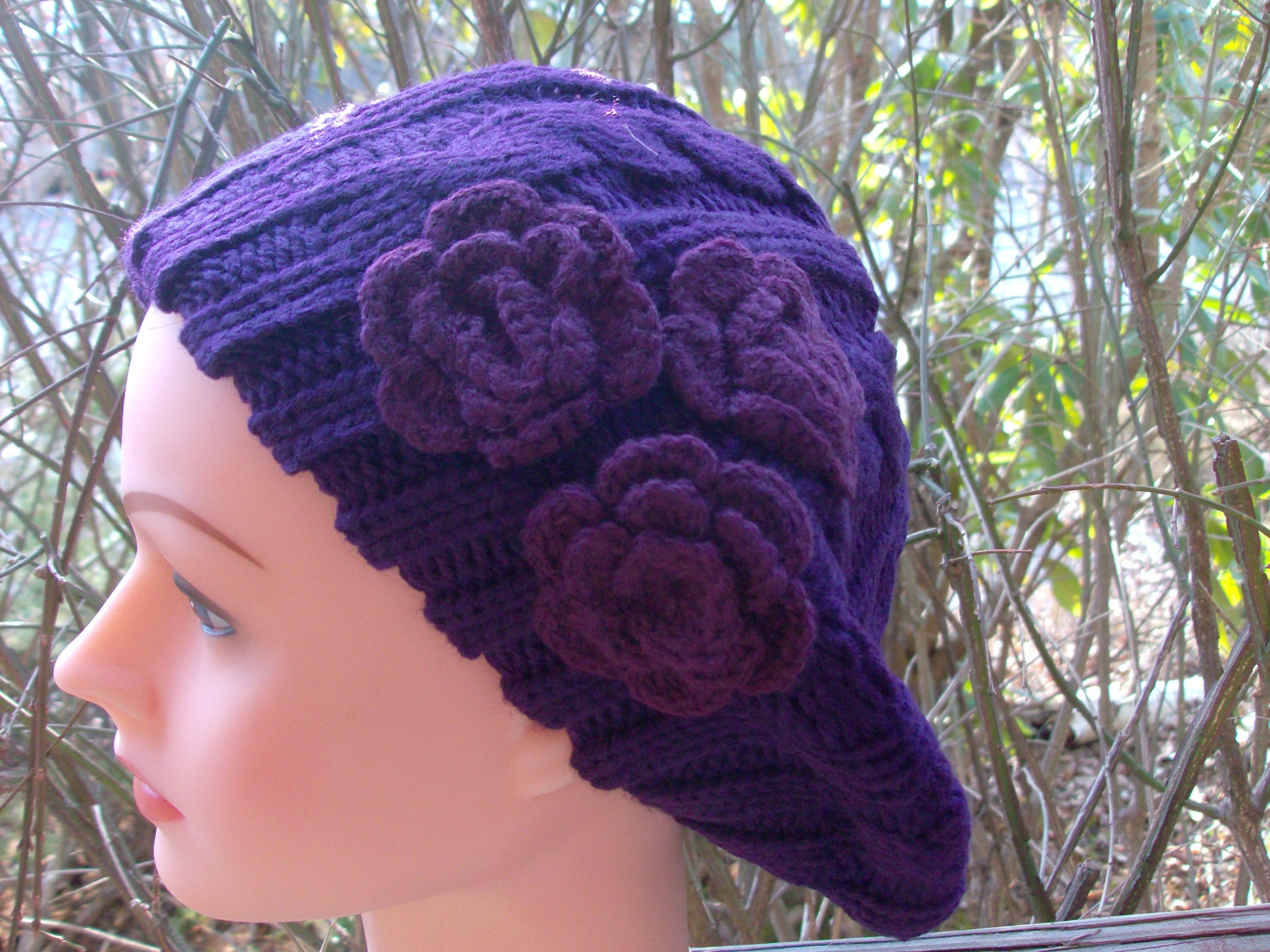 Triple side flower beret purple