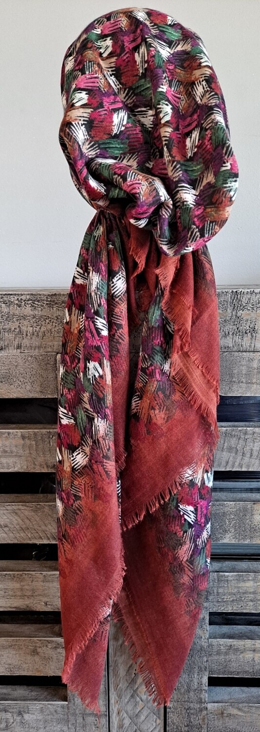 Deep rust colorful patterned - soft fringes pretied tichel