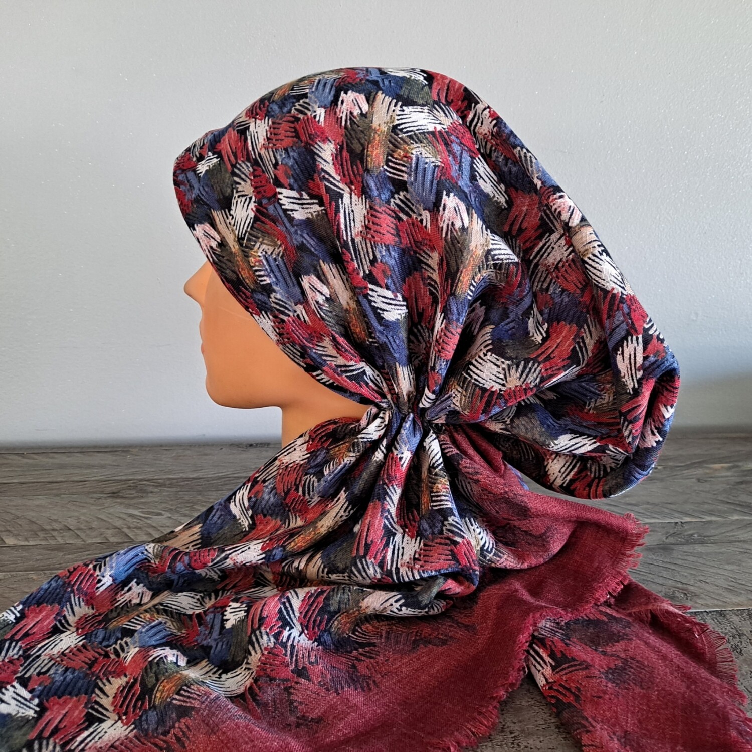 Maroon colorful patterned - soft fringes pretied tichel