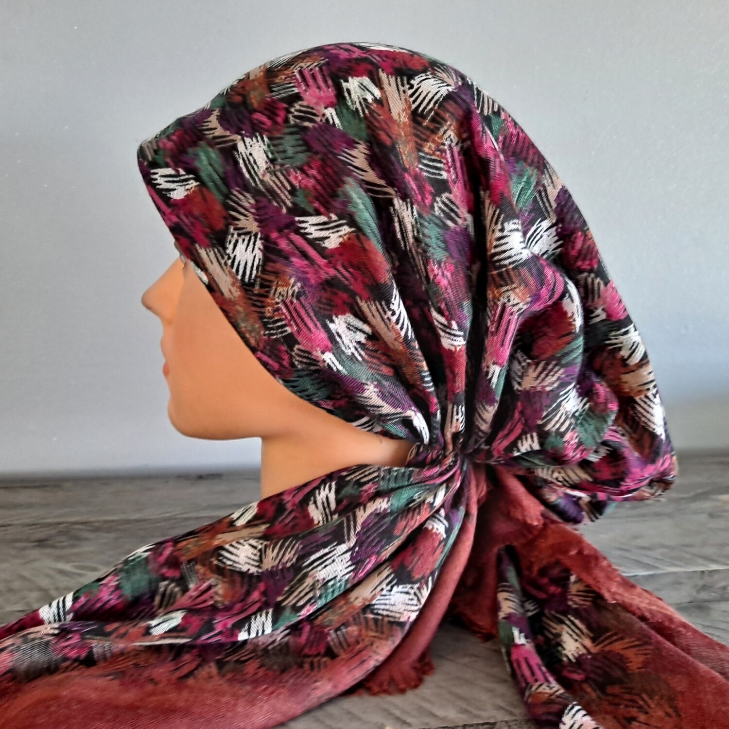 Deep rust colorful patterned - soft fringes pretied tichel