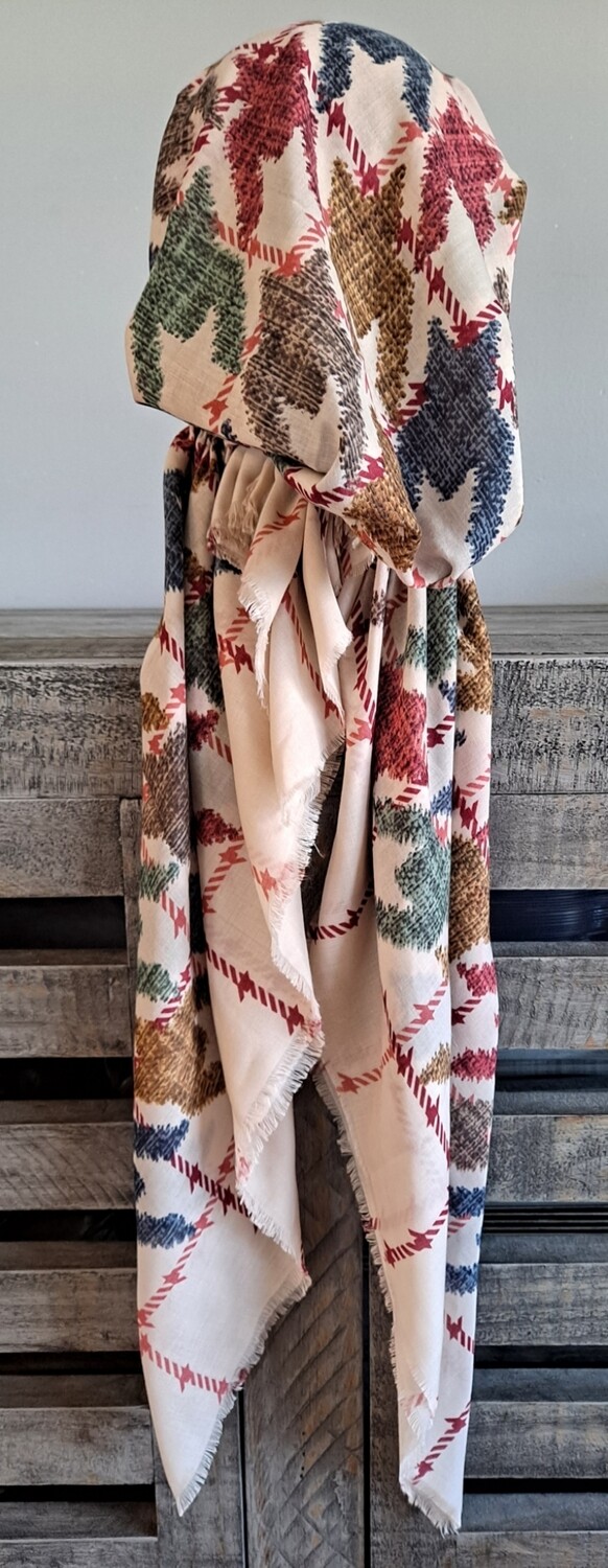 Cream houndstooth - soft fringed Turkish pretied tichel