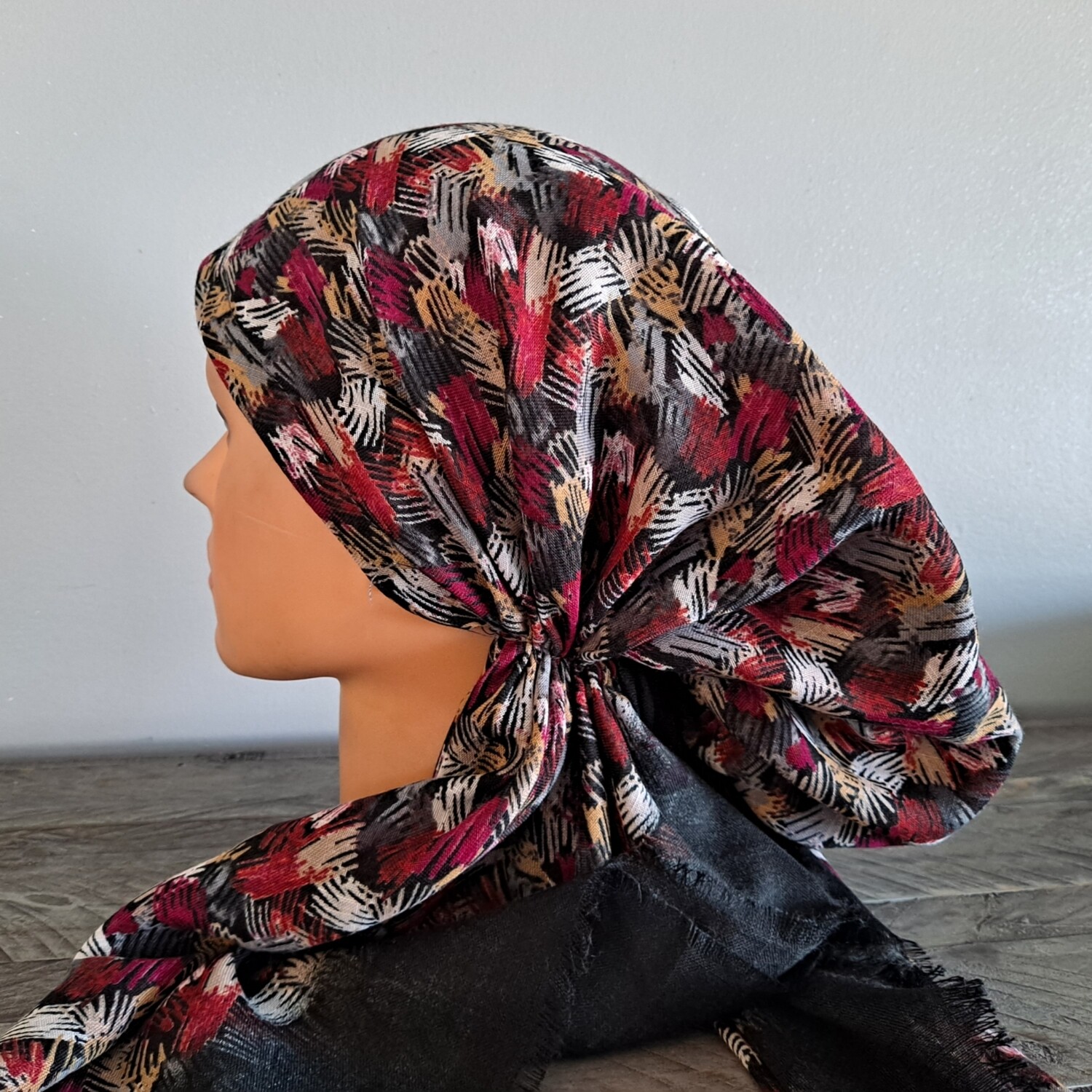 Black colorful patterned - soft fringes pretied tichel