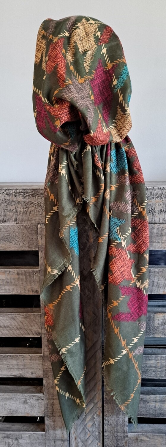 Dark olive houndstooth - soft fringed Turkish pretied tichel