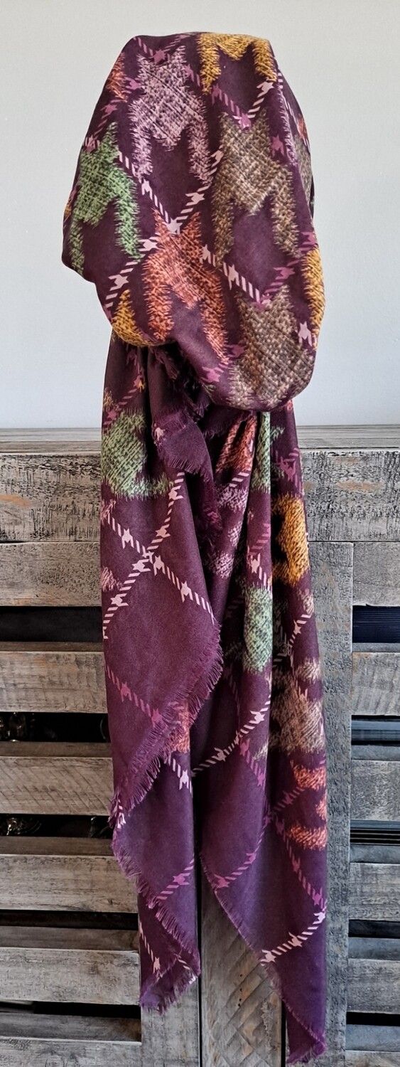 Eggplant houndstooth - soft fringed Turkish pretied tichel