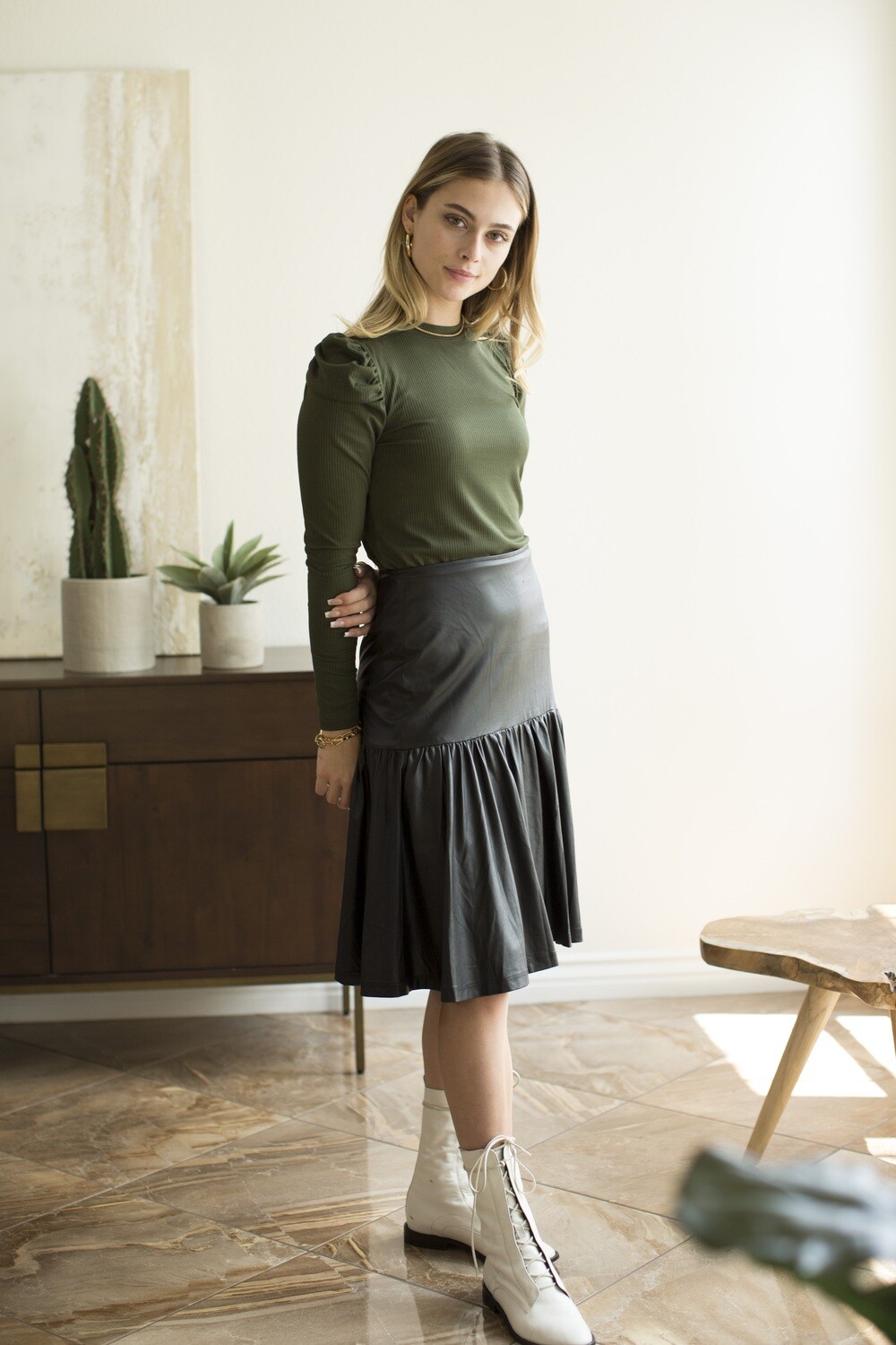 Drop waist pleather skirt