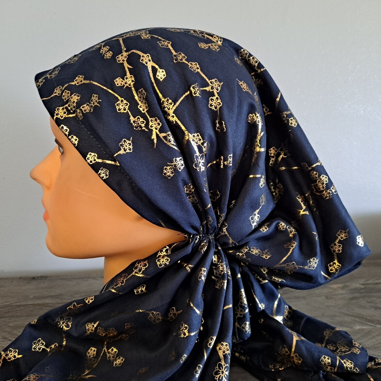 Navy - gold berries metallic pretied tichel w/band sewn in (BBS)
