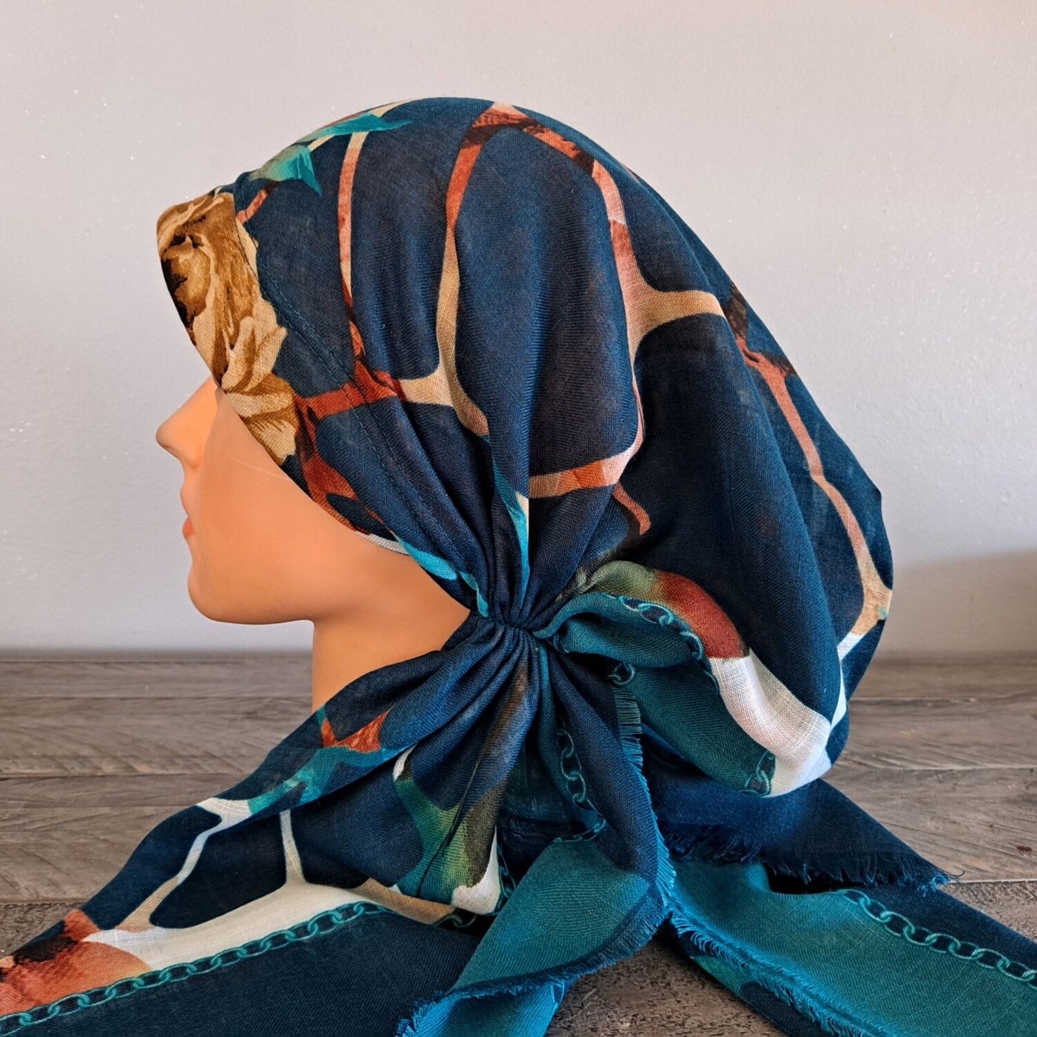 Teal/colorful patterned - soft fringes pretied tichel w/band sewn in