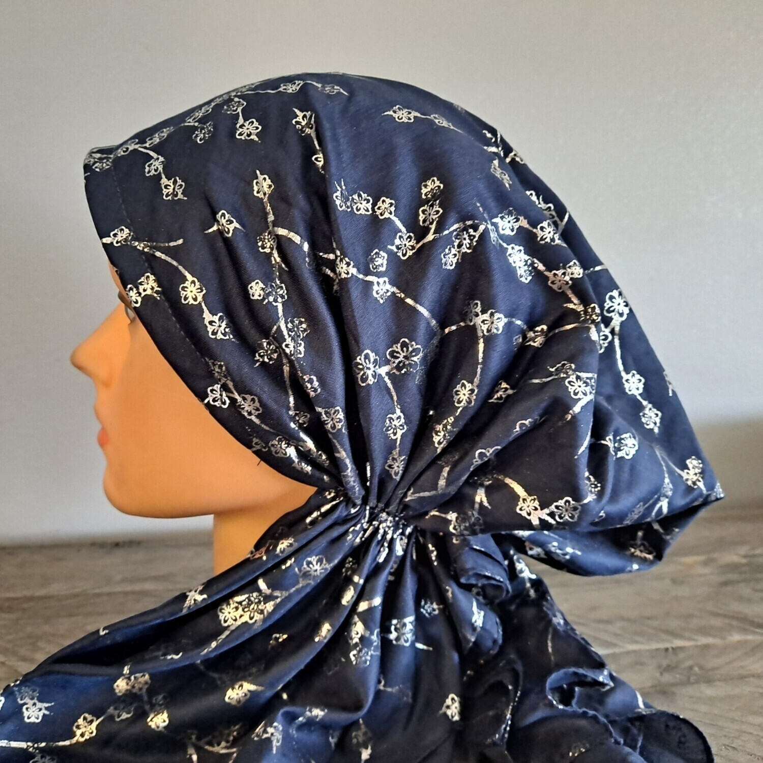 Navy - silver berries metallic pretied tichel w/band sewin in (BBS)
