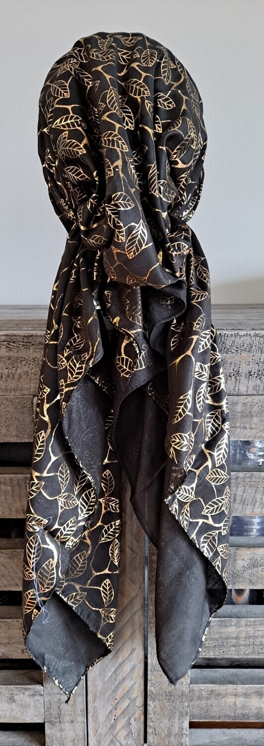 Black/gold small leaves pattern pre-tied tichel w/band sewn in (BBS)