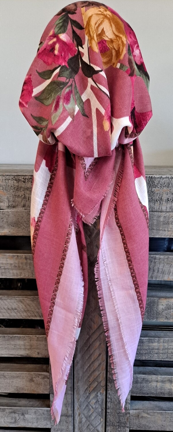 Mauve/colorful patterned - soft fringes pretied tichel w/band sewn in 