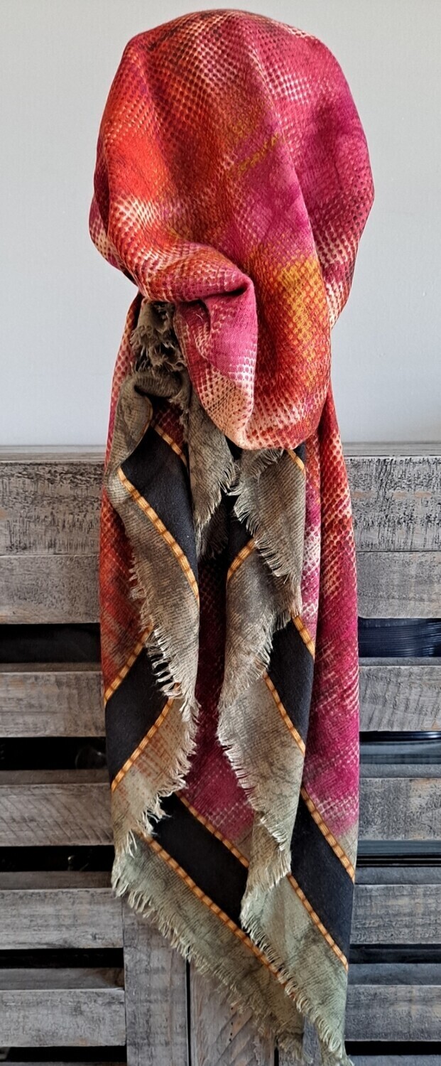 Green/colorful patterned - soft fringes pretied tichel w/band sewn in (BBS)