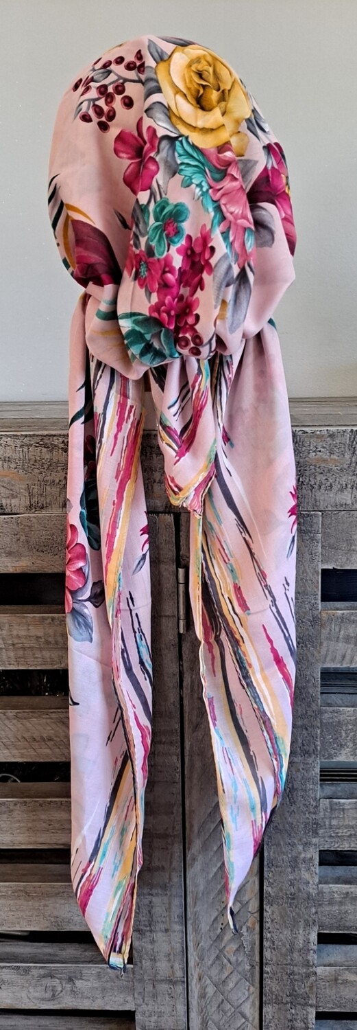 Light pink floral burst Turkish Tichel w/band sewn in