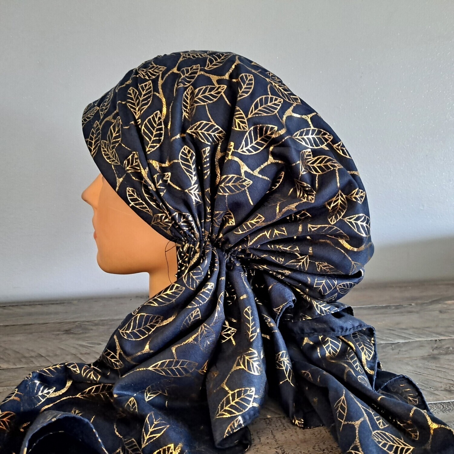 Navy/gold small leaves pattern pre-tied tichel w/bamd sewn in (BBS)