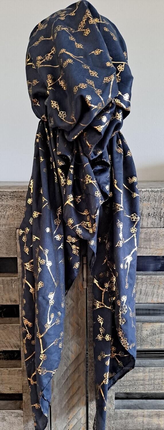 Navy - gold berries metallic pretied tichel w/band sewn in (BBS)