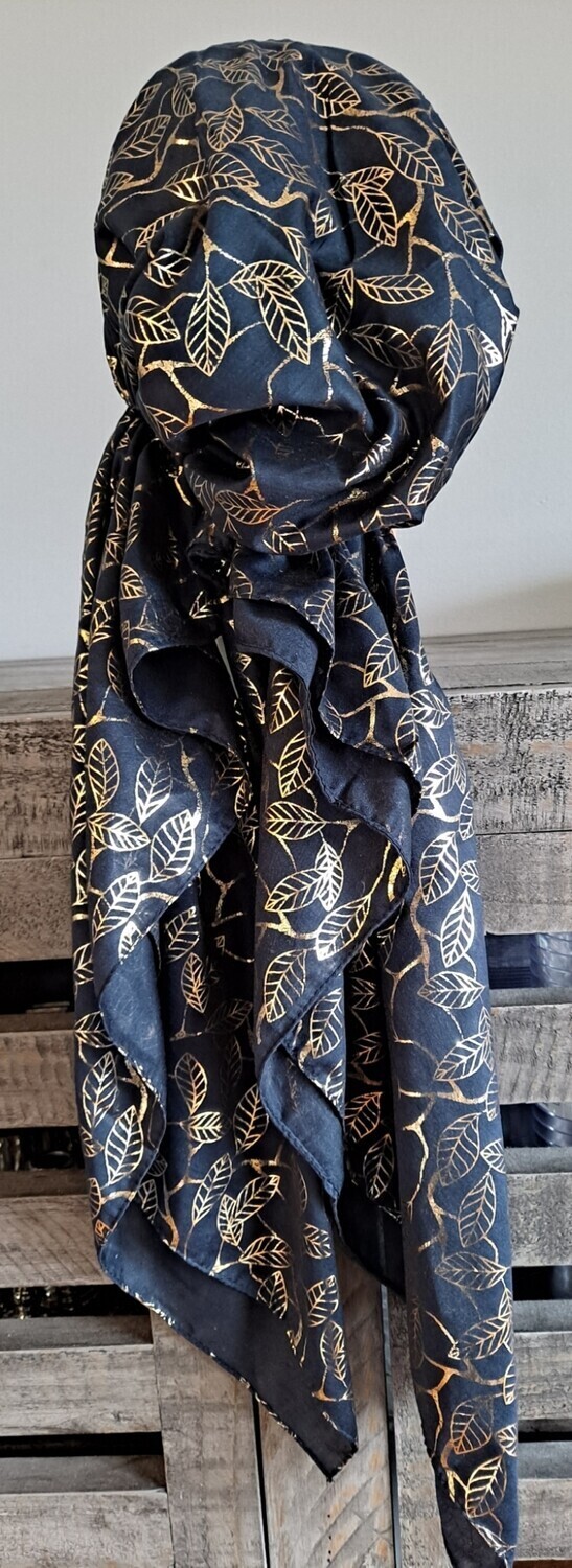 Navy/gold small leaves pattern pre-tied tichel w/bamd sewn in (BBS)