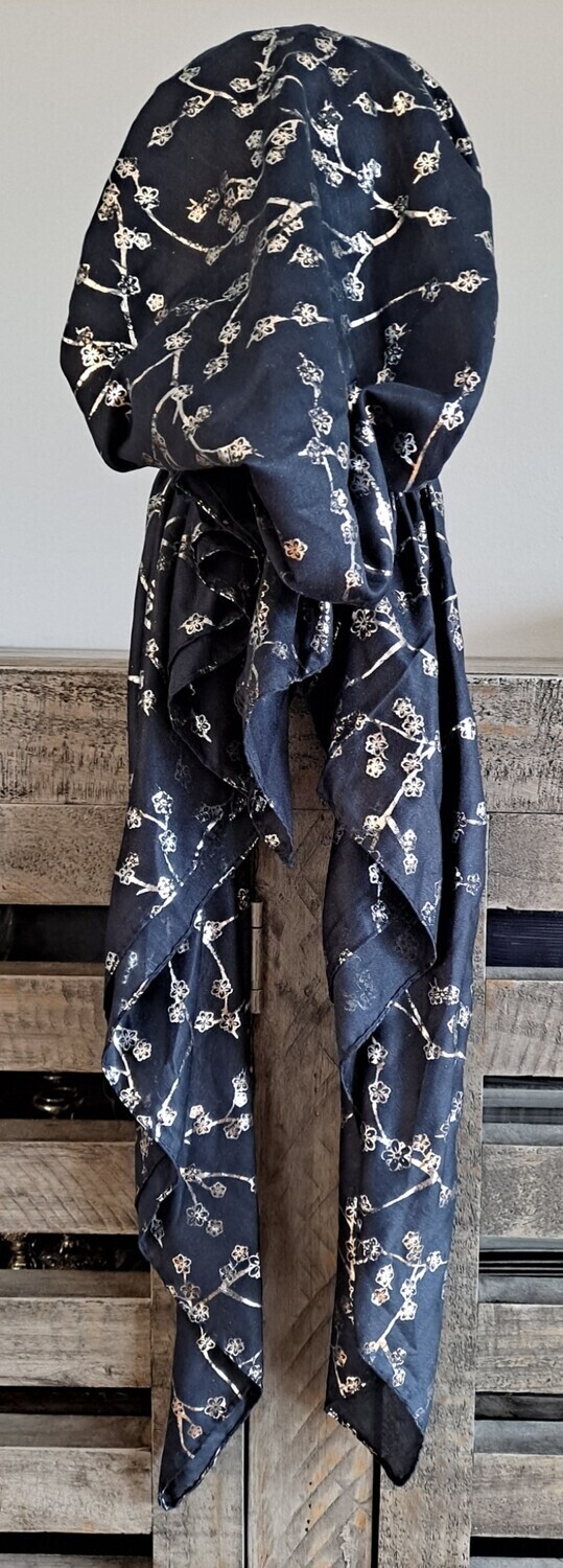 Navy - silver berries metallic pretied tichel w/band sewin in (BBS)