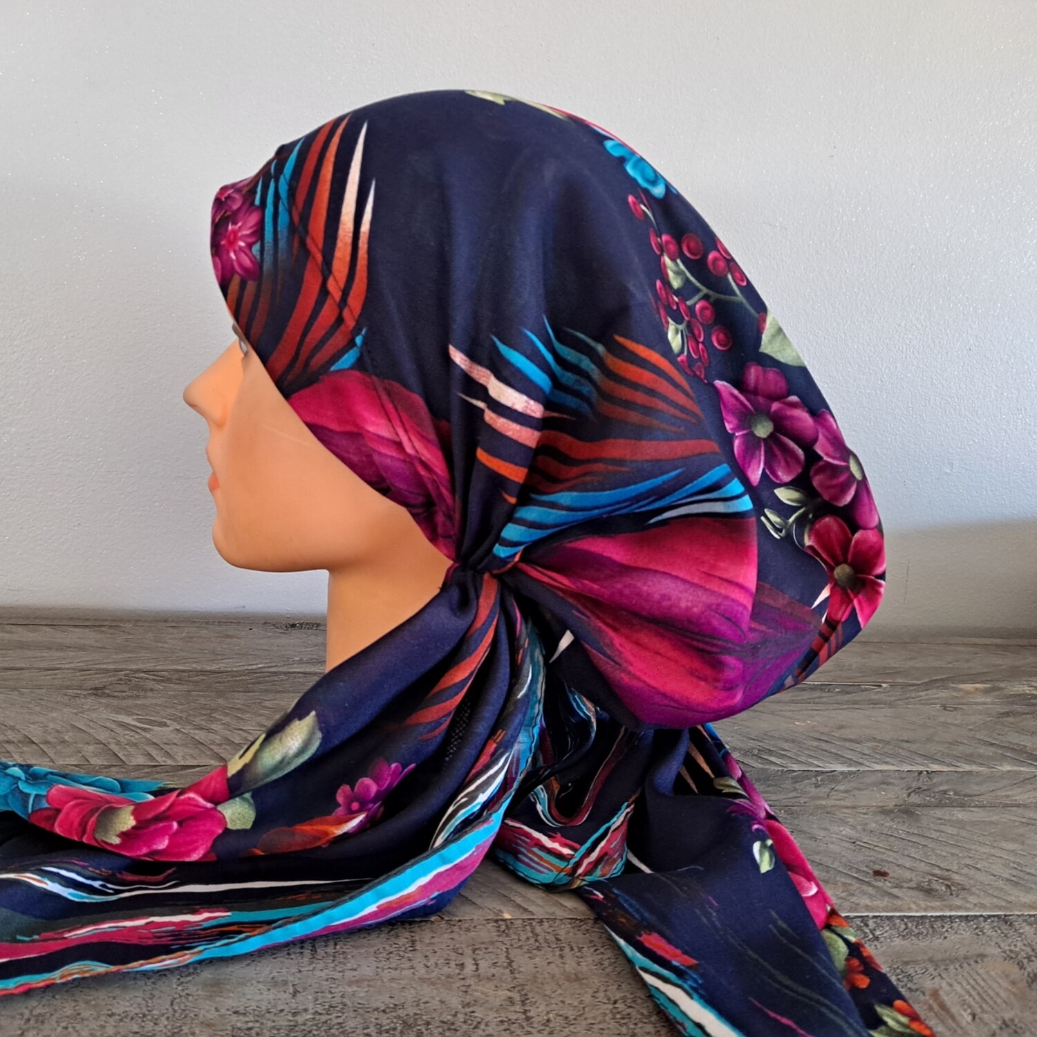 Navy floral Turkish Tichel w/band sewn in