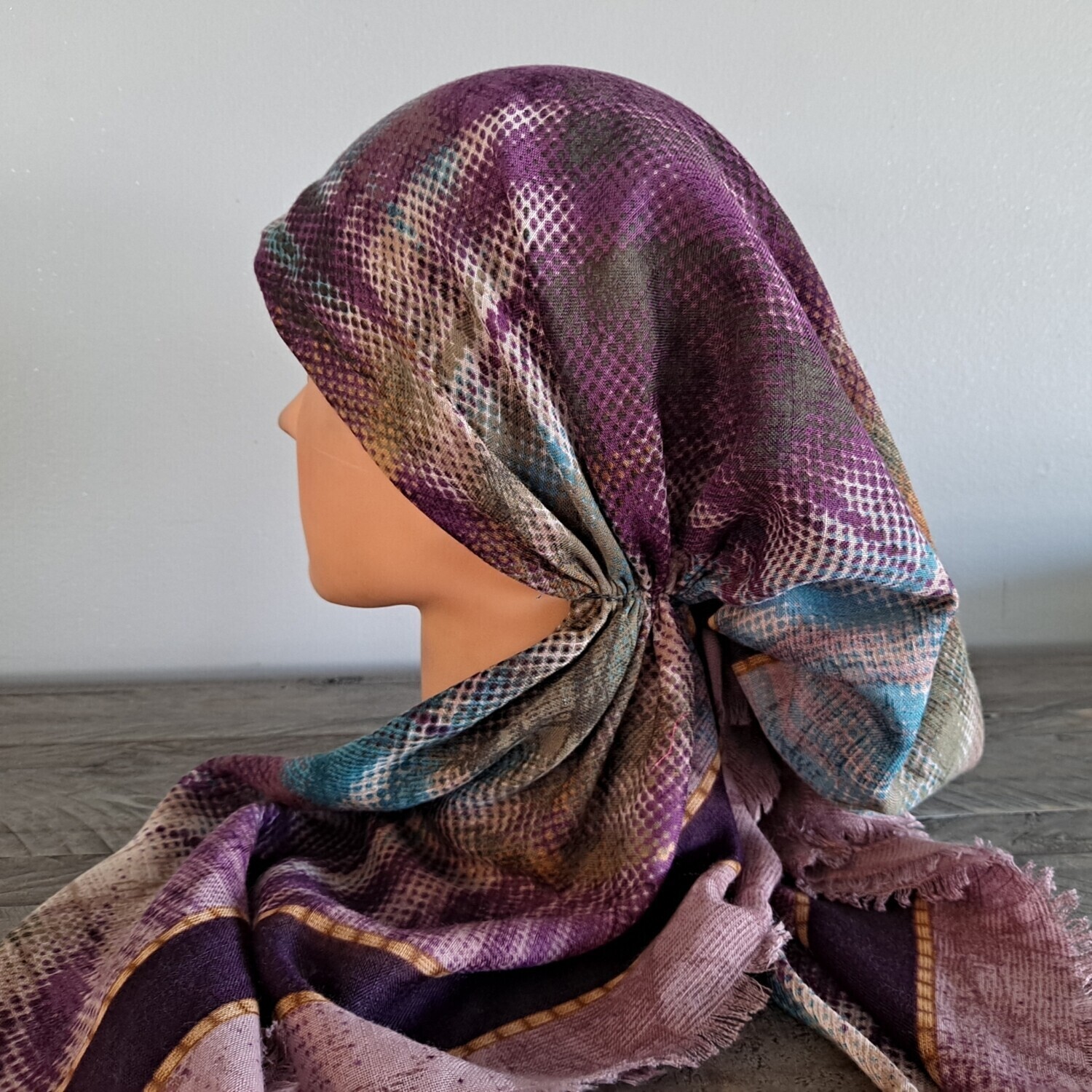 Mauve colorful patterned - soft fringes pretied tichel w/band sewn in (BBS)